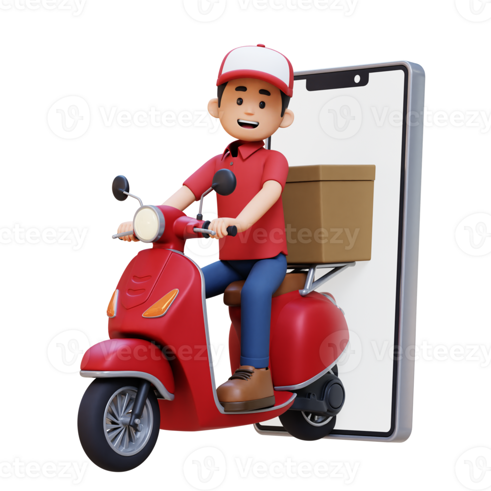 3D Delivery Man Character Deivering Package with a Scooter png