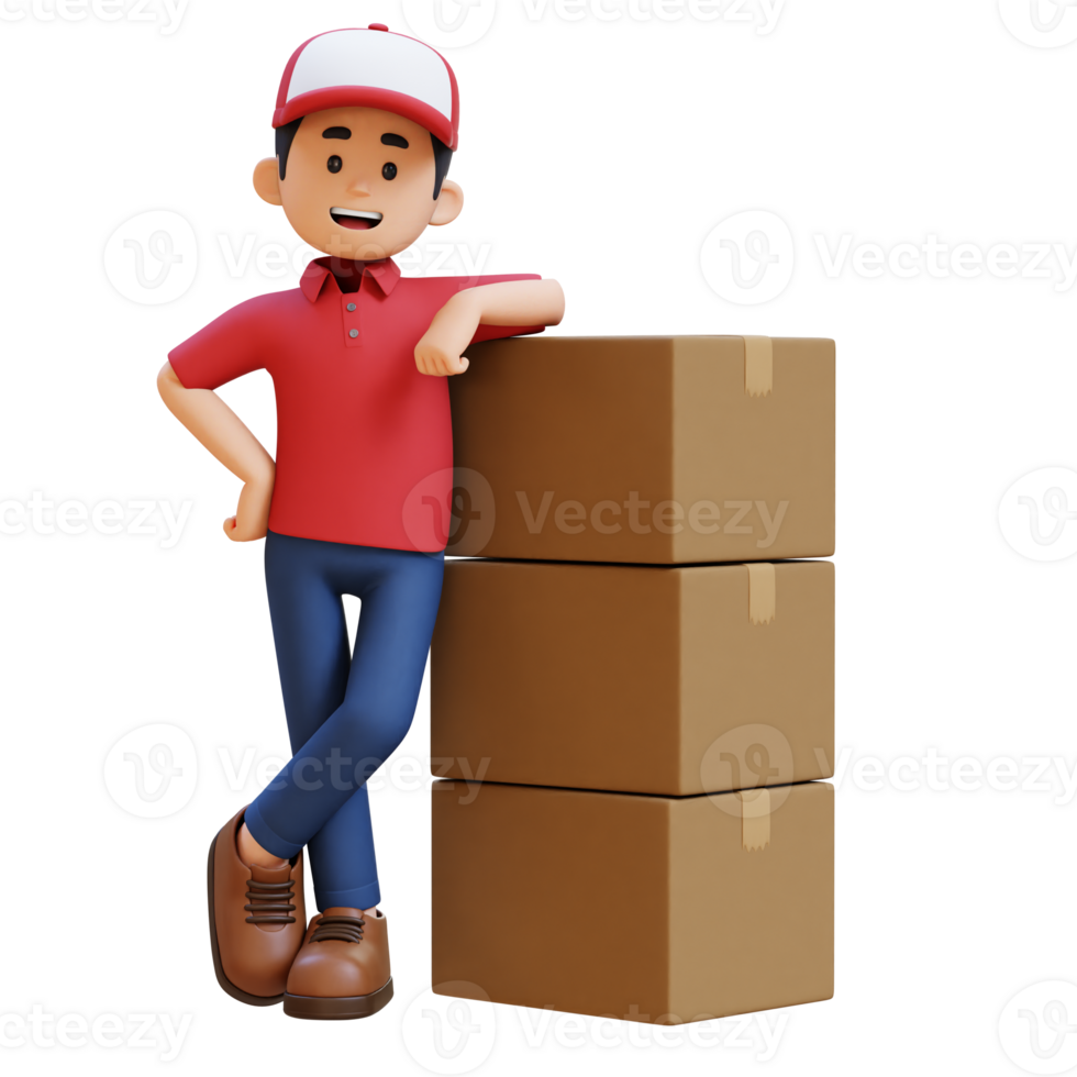3D Delivery Man Character  Lying on Pile of Box png