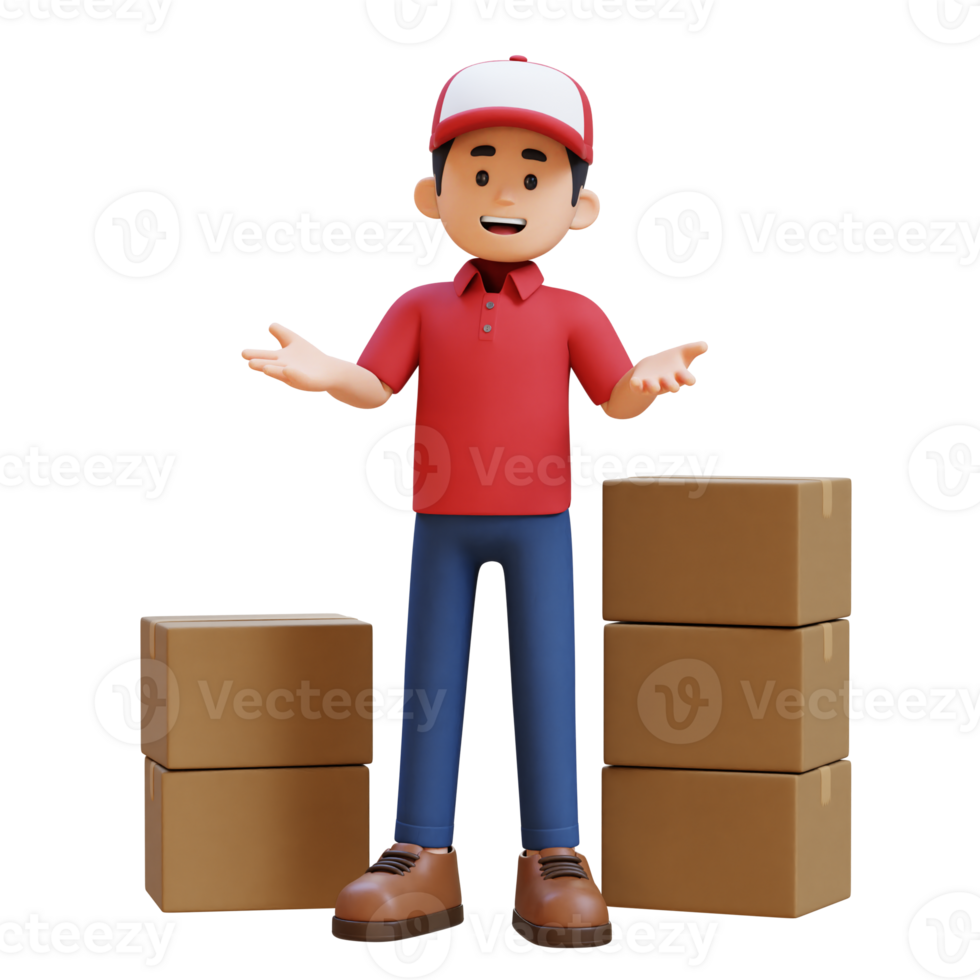 3D Delivery Man Character Communication Pose with Parcel Box png