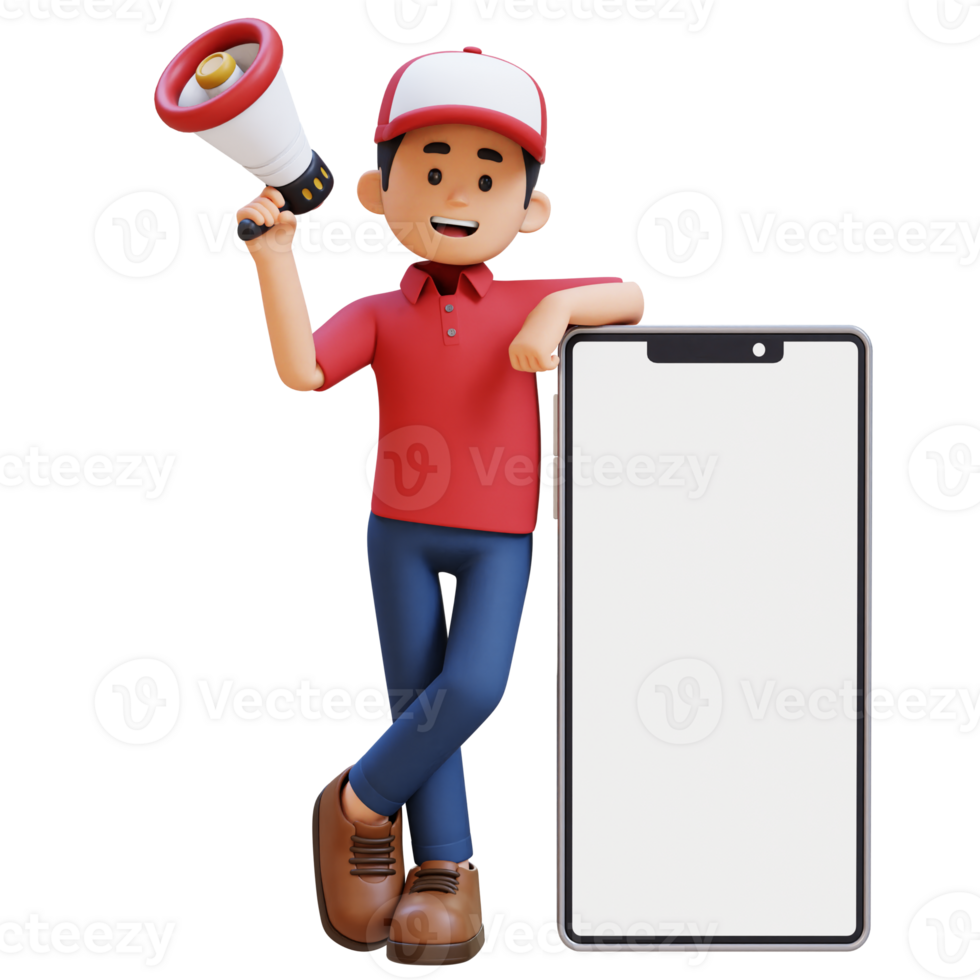 3D Delivery Man Character Holding Megaphone and Lying on Big Empty Phone Screen with Parcel Box png