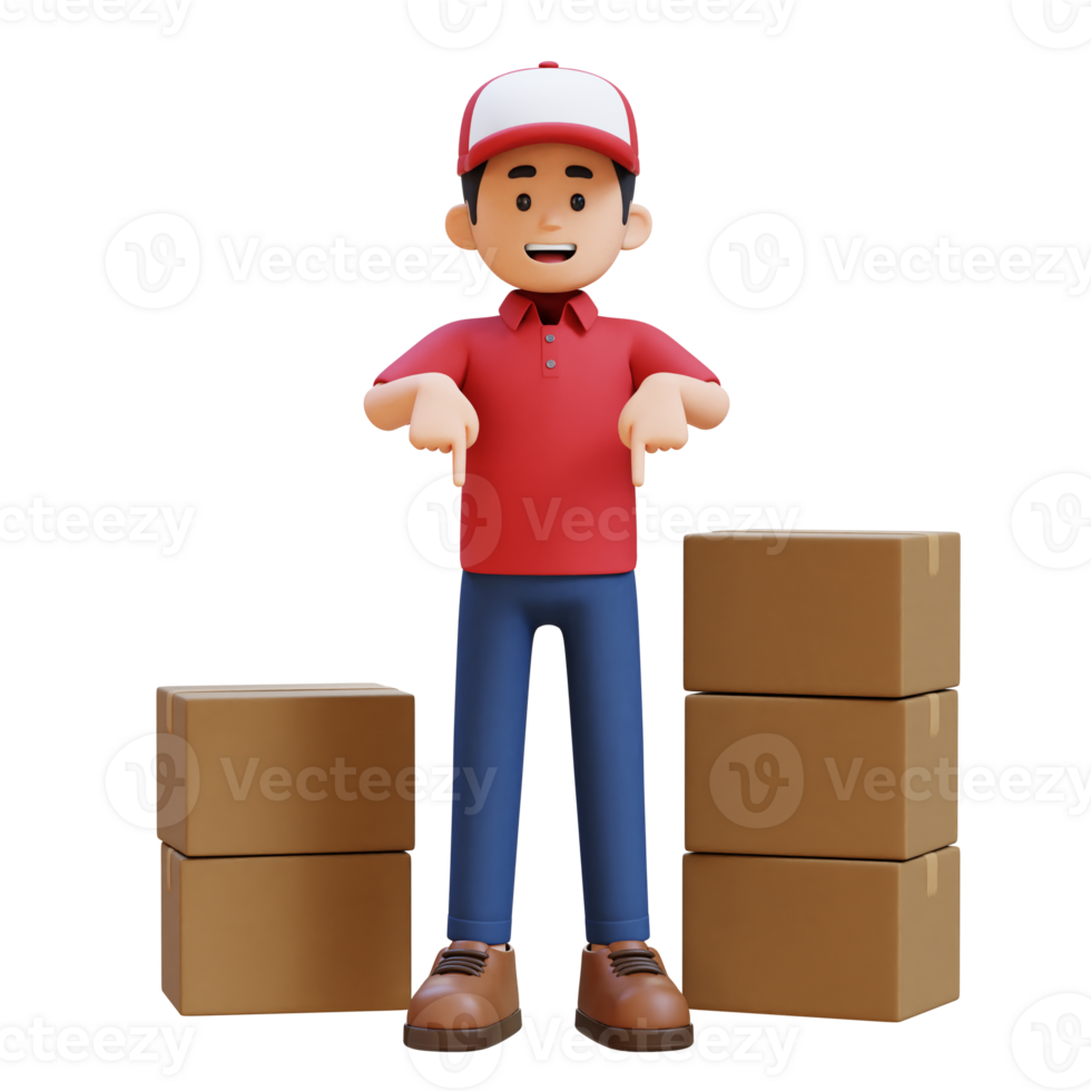 3D Delivery Man Character Pointing Downward with Parcel Box png