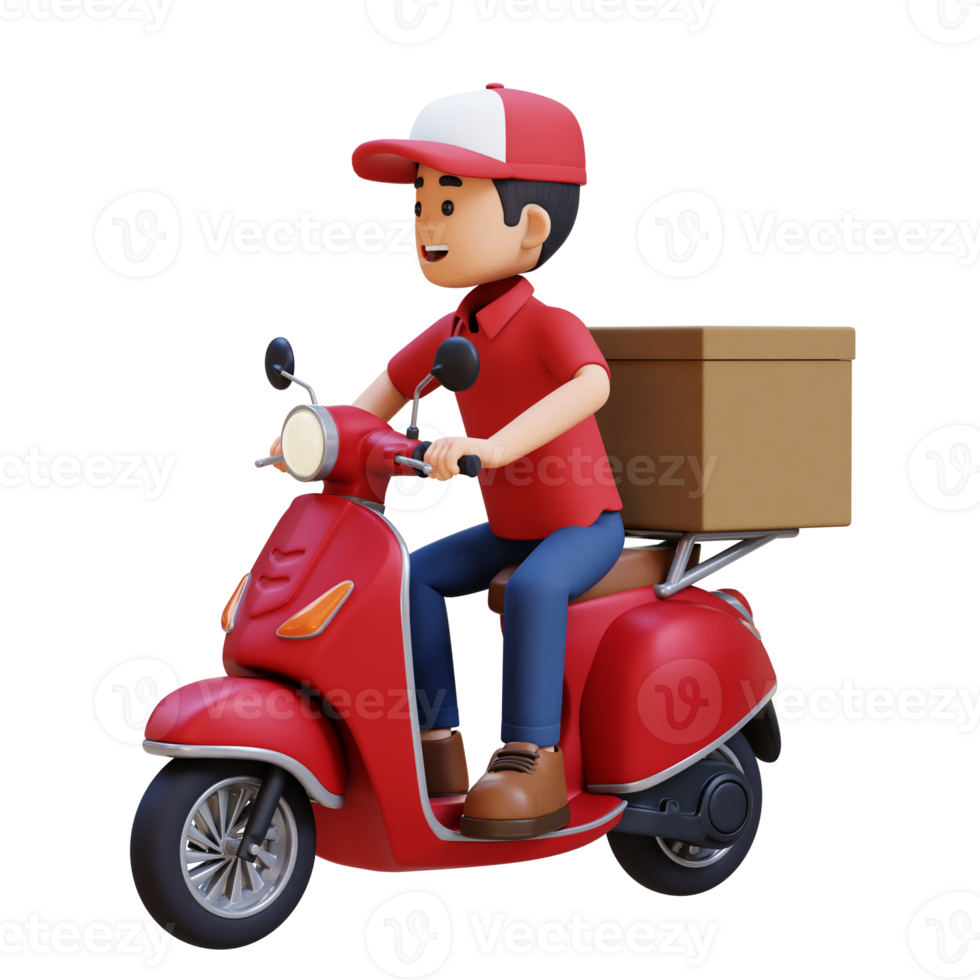 3D Delivery Man Character Deivering Package with a Scooter png