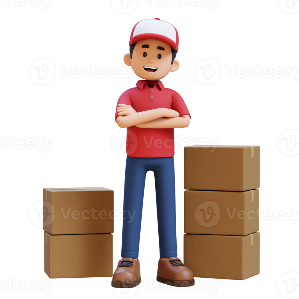 3D Delivery Man Character Crossed Arms Pose with Parcel Box png