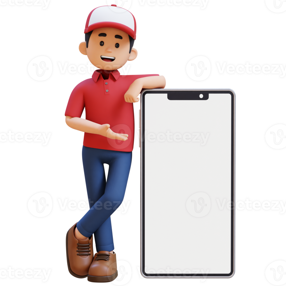 3D Delivery Man Character Presenting and Lying on Big Empty Phone Screen png