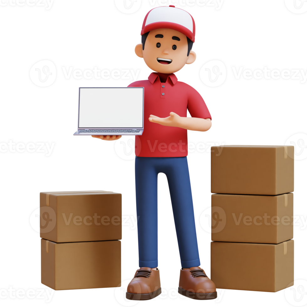 3D Delivery Man Character Presenting on Empty Laptop Screen with Parcel Box png