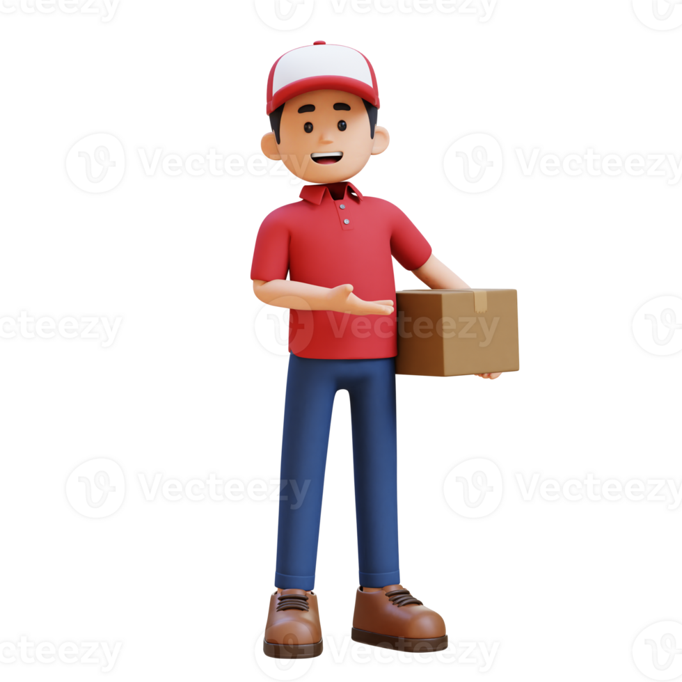 3D Delivery Man Character Presenting to the Left Pose with Parcel Box png