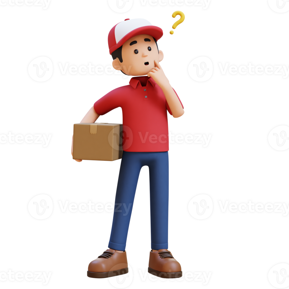 3D Delivery Man Character Confused and Thinking Pose with Parcel Box png
