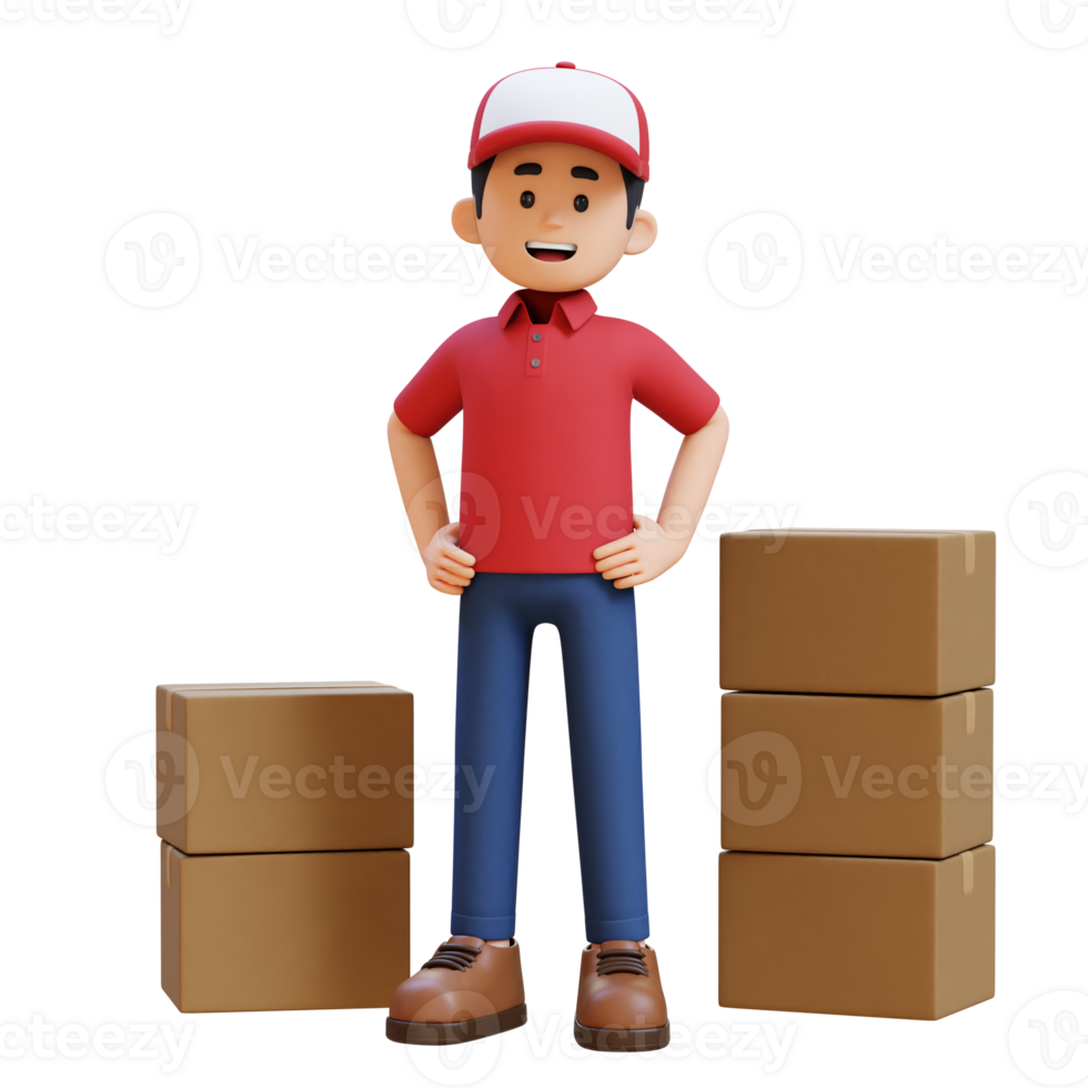 3D Delivery Man Character Standing with Hand on Hip with Parcel Box png