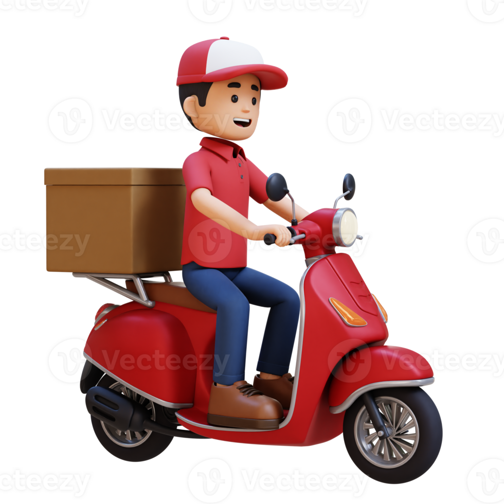3D Delivery Man Character Deivering Package with a Scooter png
