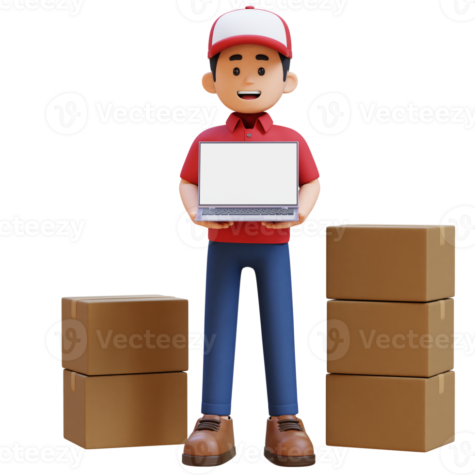 3D Delivery Man Character Presenting on Empty Laptop Screen with Parcel Box png