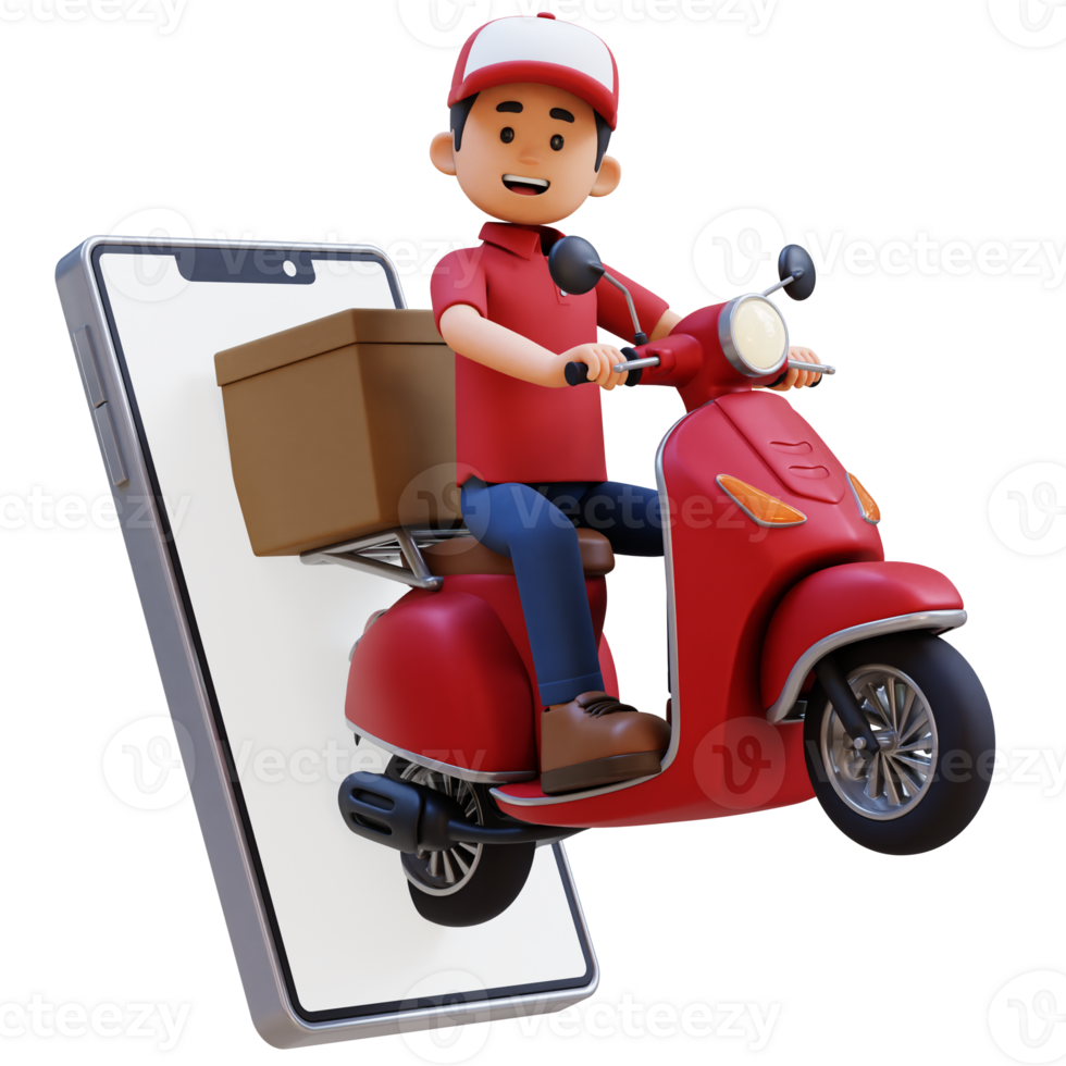 3D Delivery Man Character Deivering Package with a Scooter png
