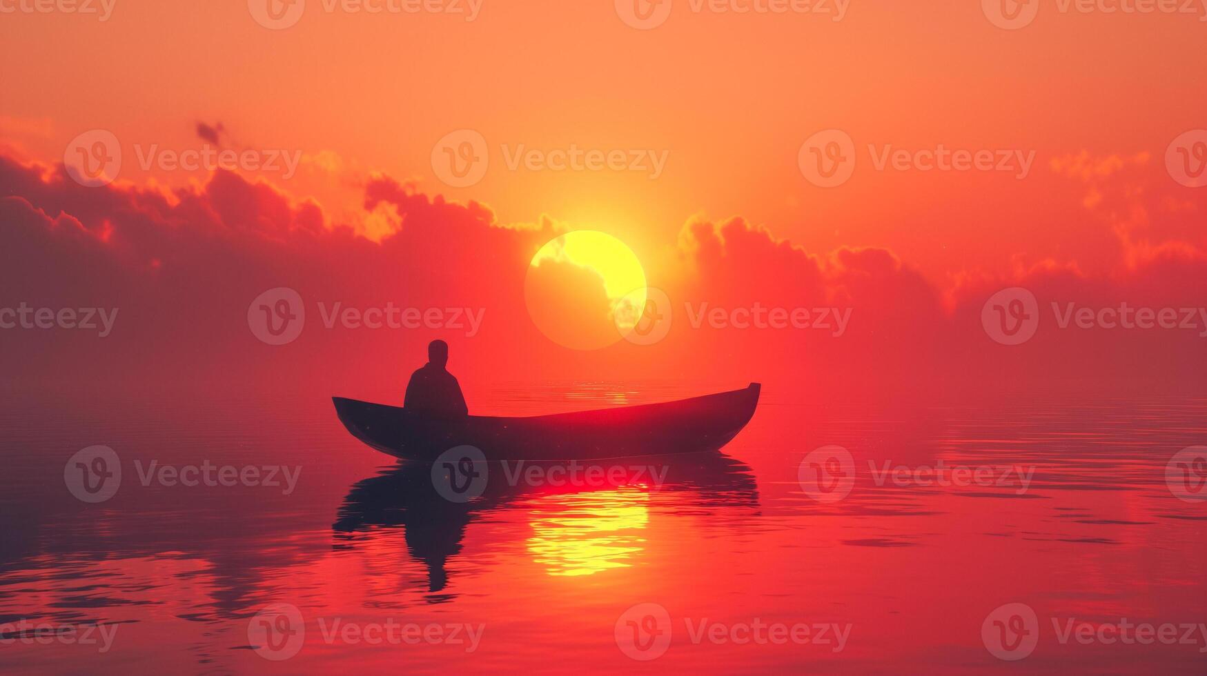 AI generated Serene Sunset Silhouette, Boat on Water photo