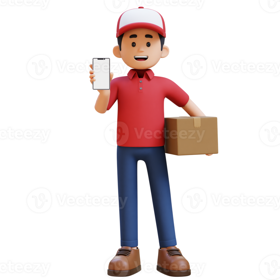 3D Delivery Man Character presenting Empty Phone Screen and Carrying Parcel Box png