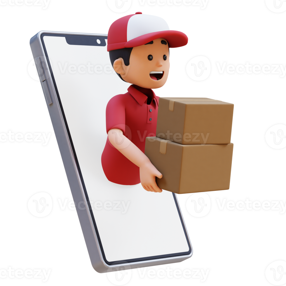 3D Delivery Man Character Jump from Phone Screen with Megaphone holding Parcel Box png