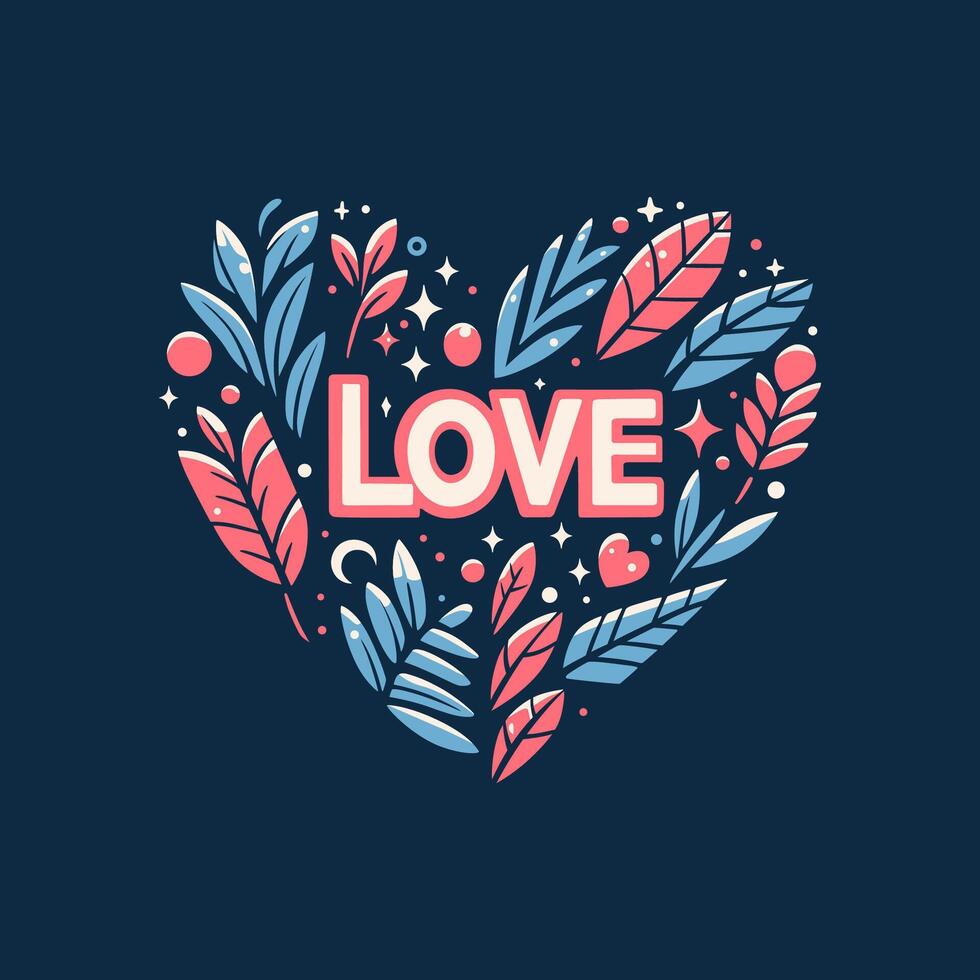 Vector Hand-drawn Illustration of Typography Love Heart Shape  with floral playful fun