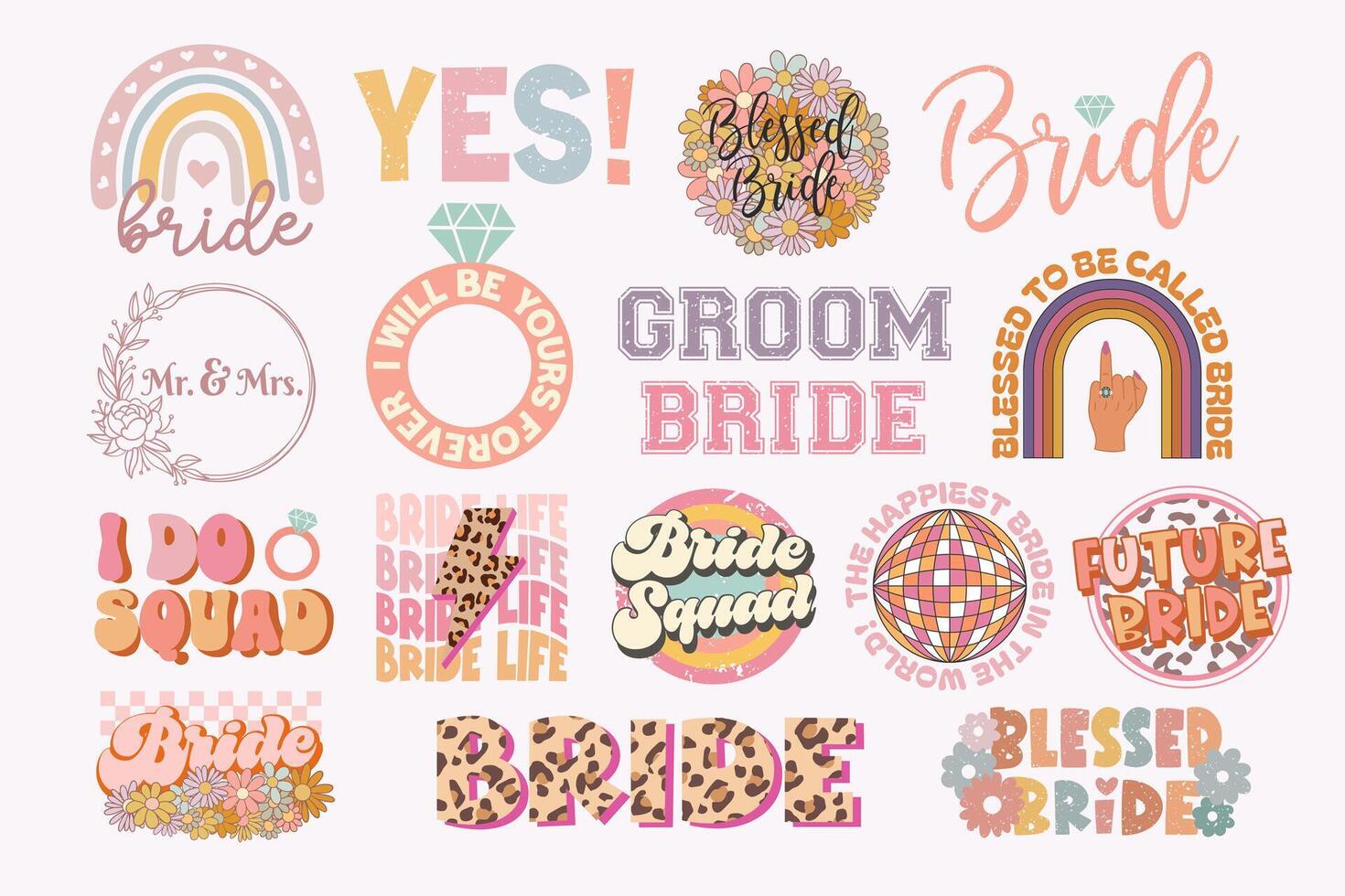 Bride Bundle. Bride quotes for bachelorette party, wedding designs, cards, invitations, fabrics, prints, stickers. Retro vector Illustration.