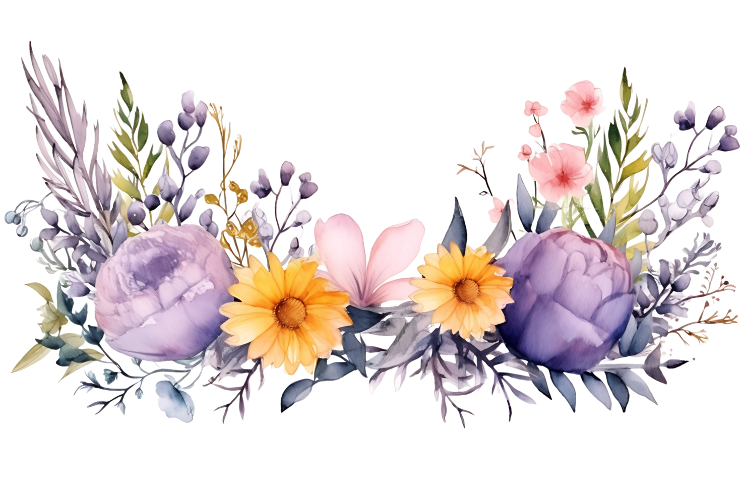 AI generated Watercolor floral frame with daisy, calendula, lavender, and eucalyptus for vibrant summer invitations png