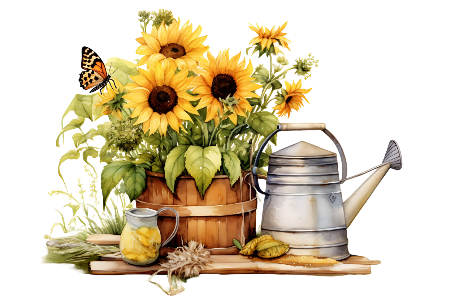AI generated Watercolor Sunflower Basket, Watering Can, Bumble Bee, Wooden Wheel, Pitcher   Farmhouse Style Illustration for Vintage French Country Design png