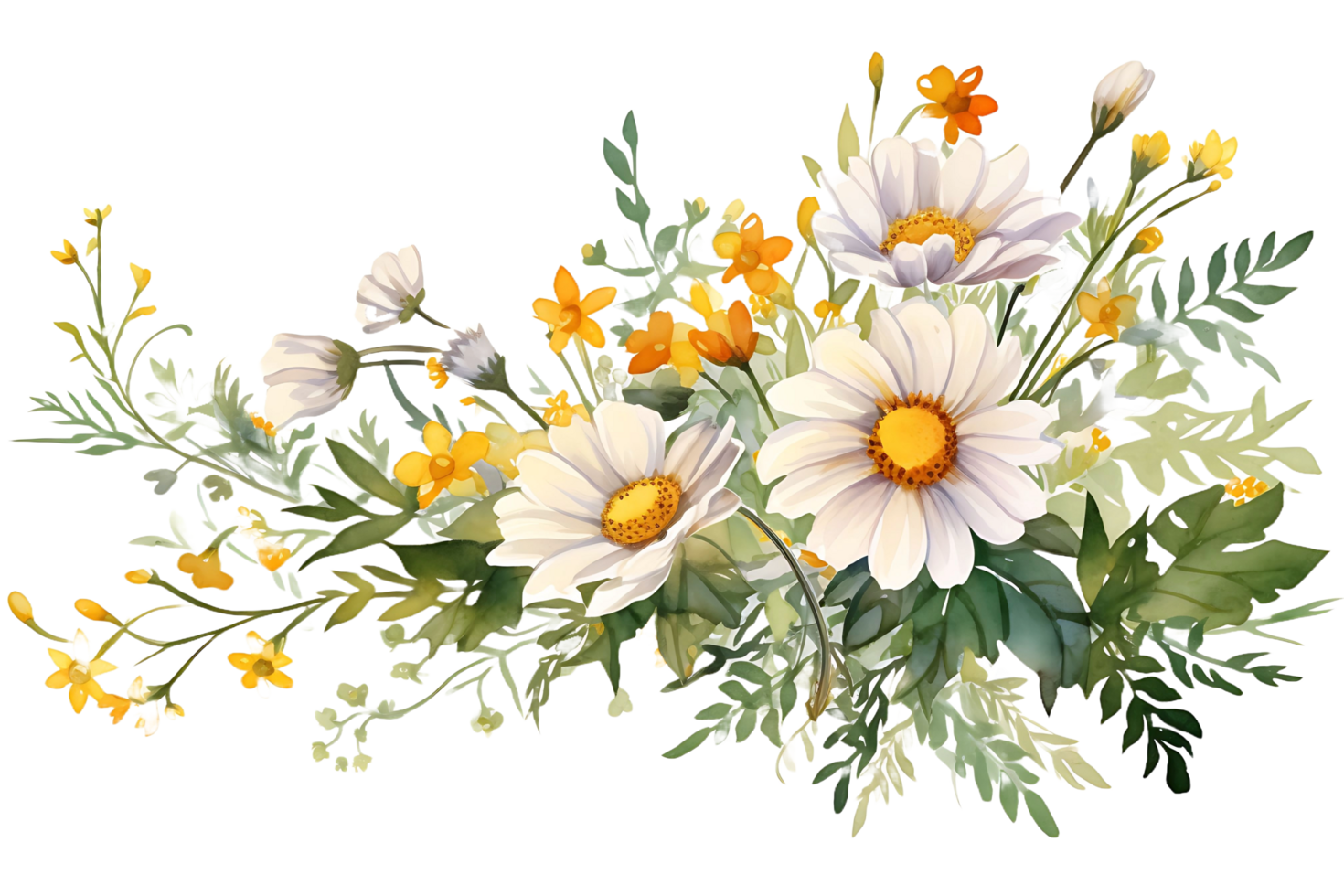 AI generated Watercolor Daisy Flowers Corner Border  Chamomile Bouquet, Wildflowers for Wedding Invitations and Greeting Cards png