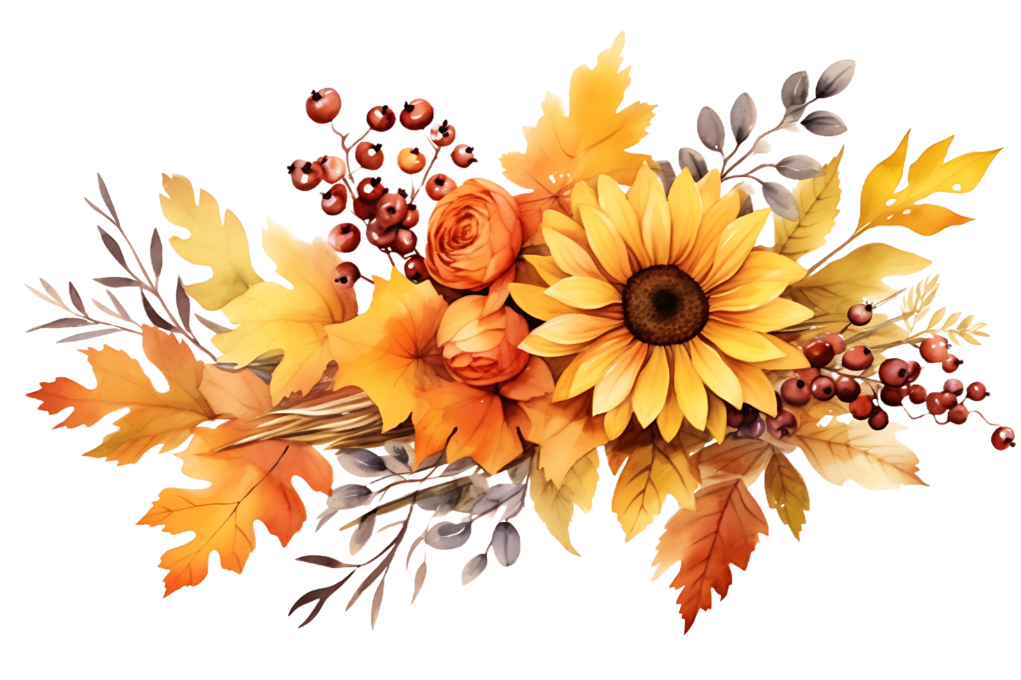AI generated Fall Arrangement Watercolor Illustration  Autumn Leaves, Rowan Berries, Sunflower, Acorn, Maple Leaf png