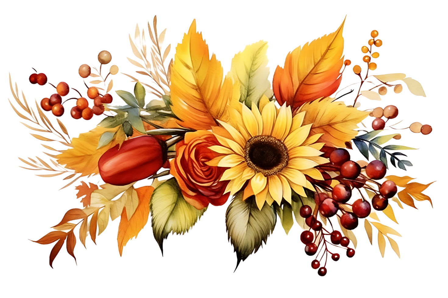 AI generated Fall Arrangement Watercolor Illustration  Autumn Leaves, Rowan Berries, Sunflower, Acorn, Maple Leaf png