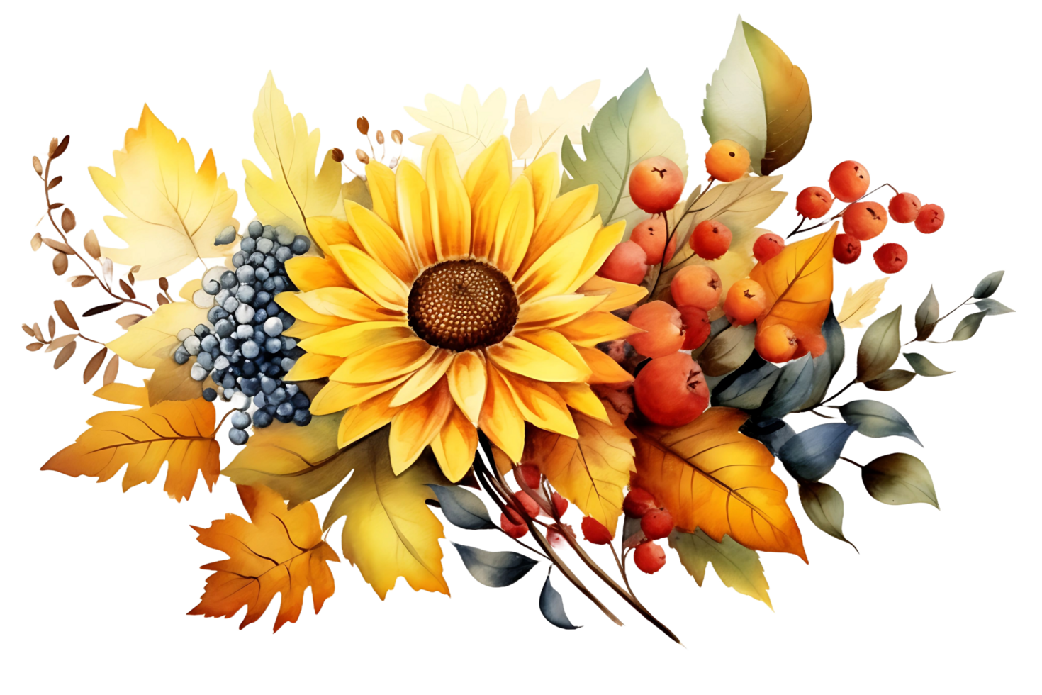 AI generated Fall Arrangement Watercolor Illustration  Autumn Leaves, Rowan Berries, Sunflower, Acorn, Maple Leaf png