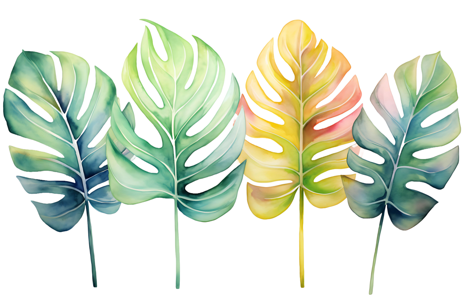 AI generated Watercolor tropical leaves collection featuring palm, monstera, and banana leaves in vibrant hues png
