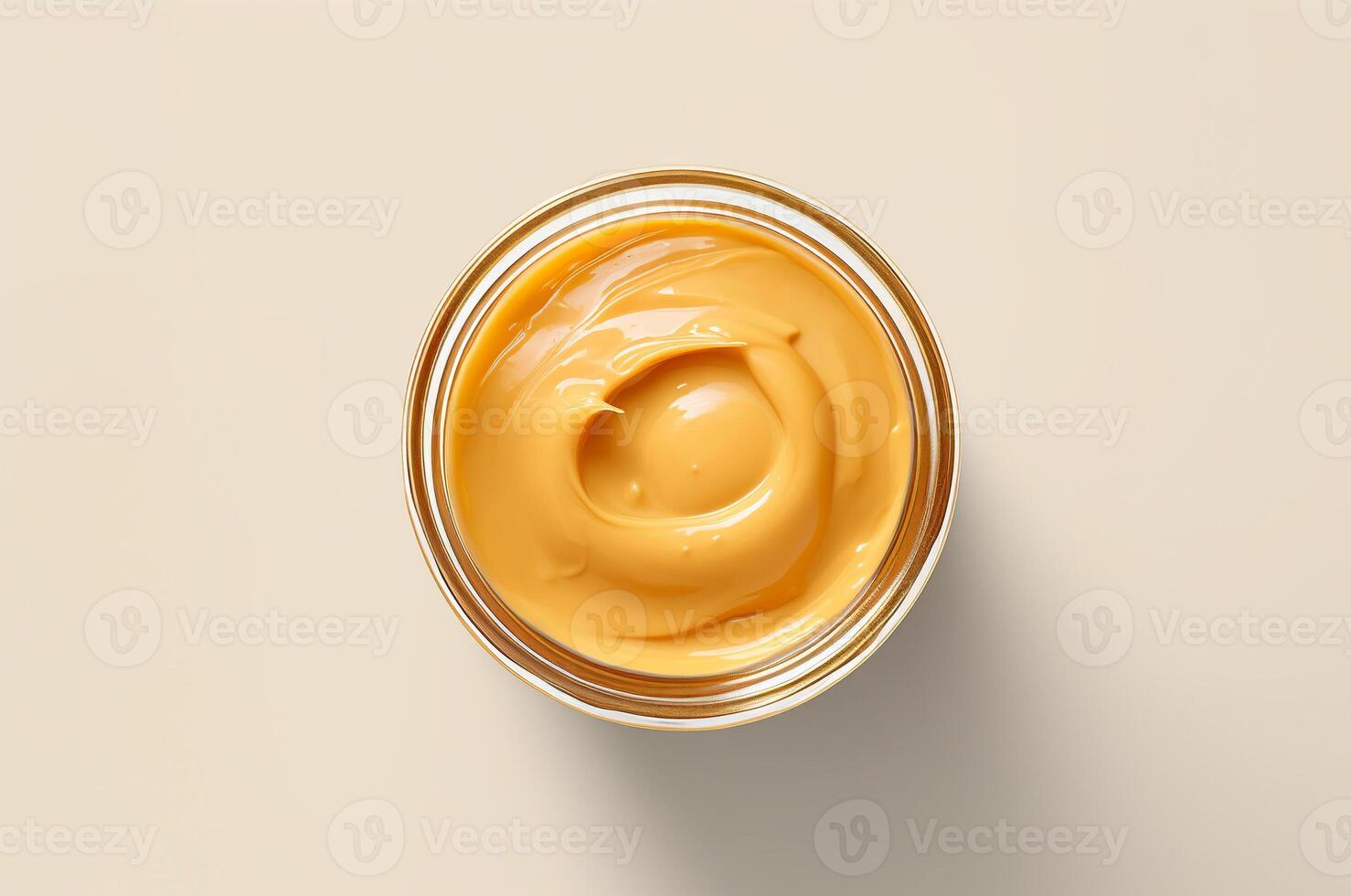 AI generated Glass jar of peanut butter top view. Nut butter. Cashew paste. American breakfast photo