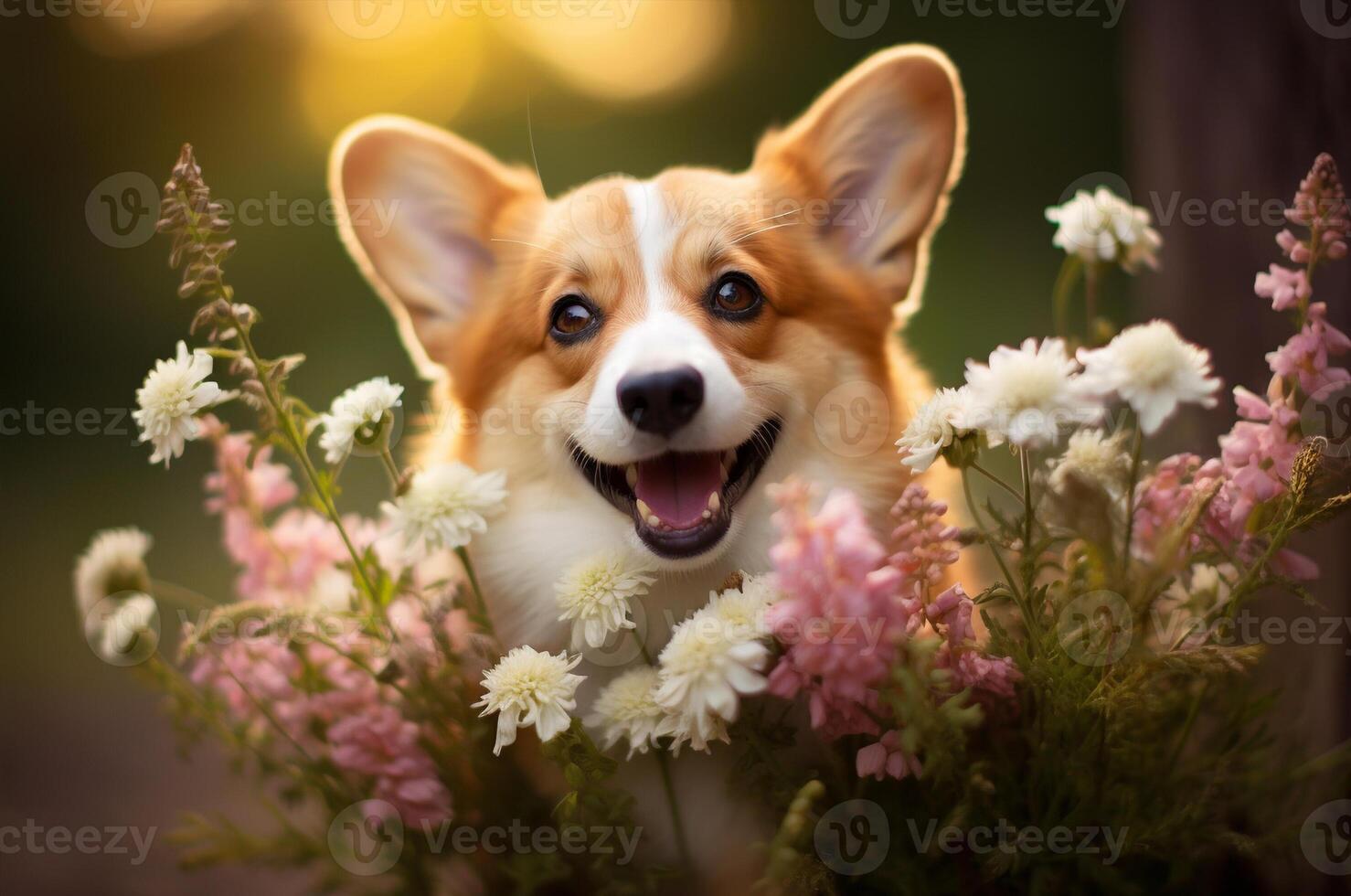 AI generated Corgi in flowers. Mother's day card photo