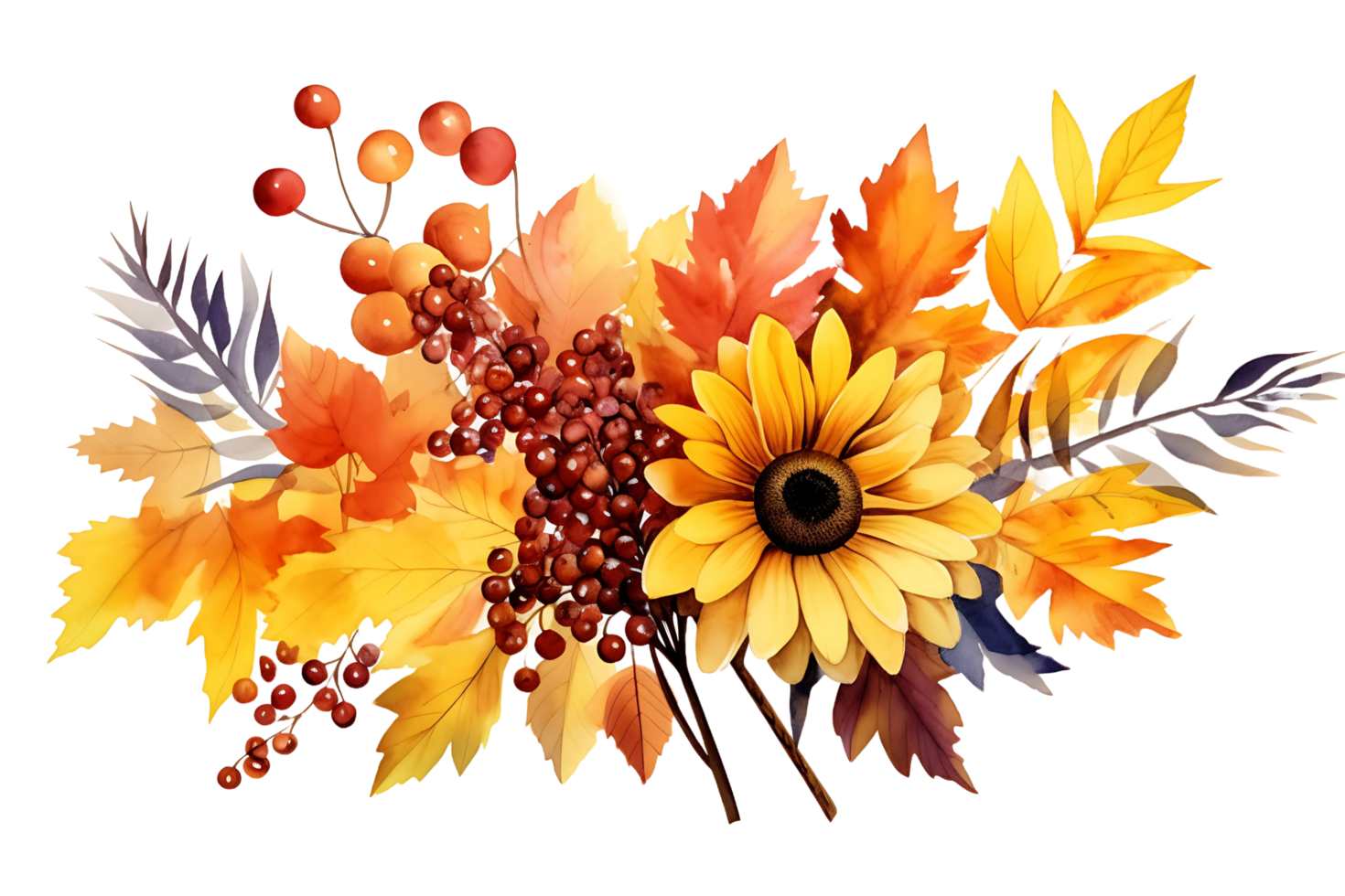 AI generated Fall Arrangement Watercolor Illustration  Autumn Leaves, Rowan Berries, Sunflower, Acorn, Maple Leaf png
