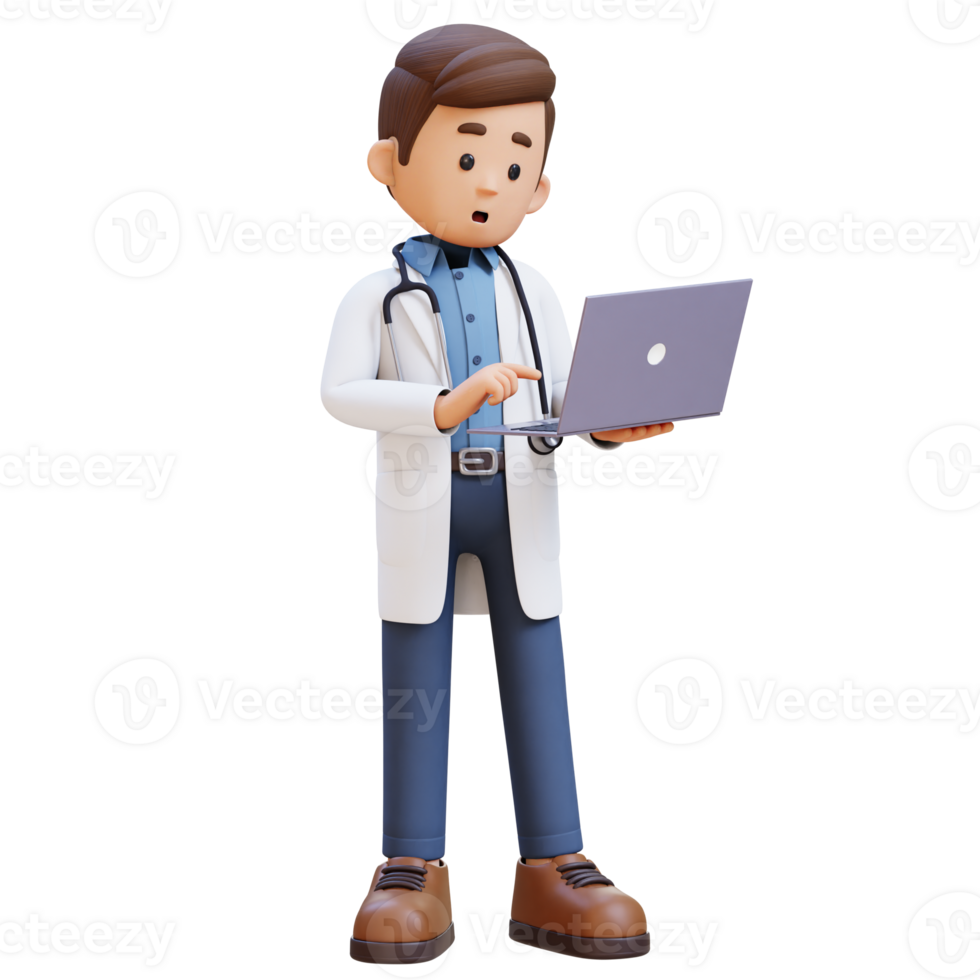 3D Doctor Character Working on a Laptop. Suitable for Medical content png