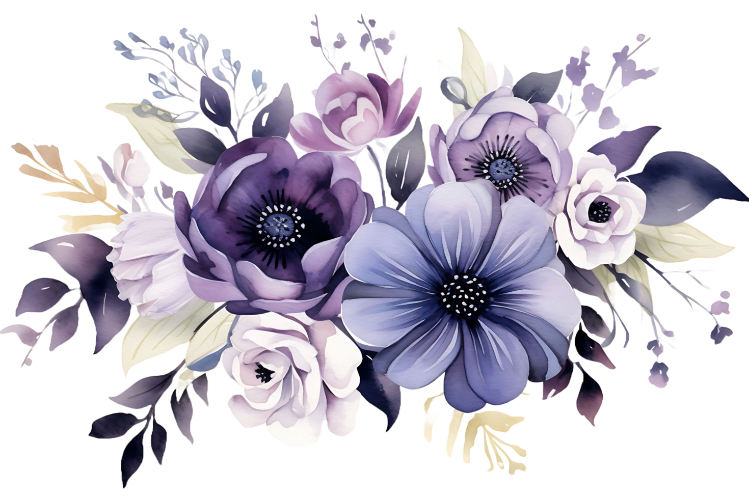 AI generated Watercolor Purple Floral Bouquet Clipart  Gothic Flowers PNG Illustration