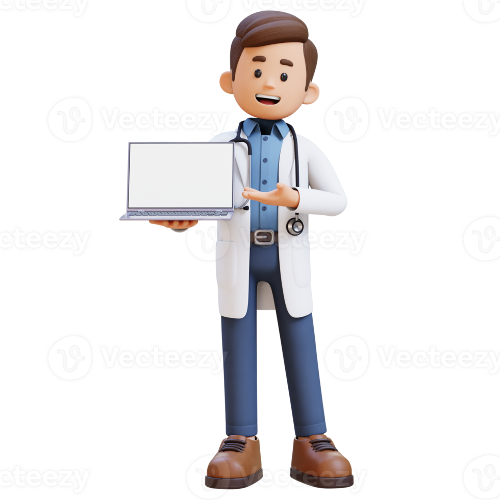 3D Doctor Character Presenting on Empty Computer Screen. Suitable for Medical content png