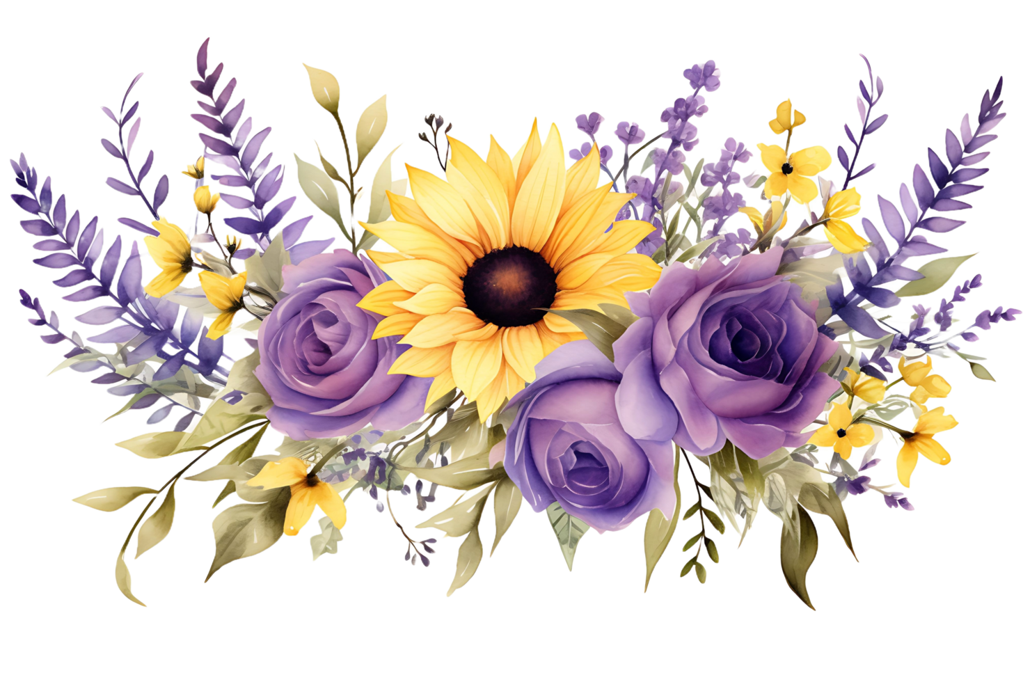 ai generado acuarela ilustración girasol y lavanda flores floral ramo, borde, guirnalda para rústico Boda png