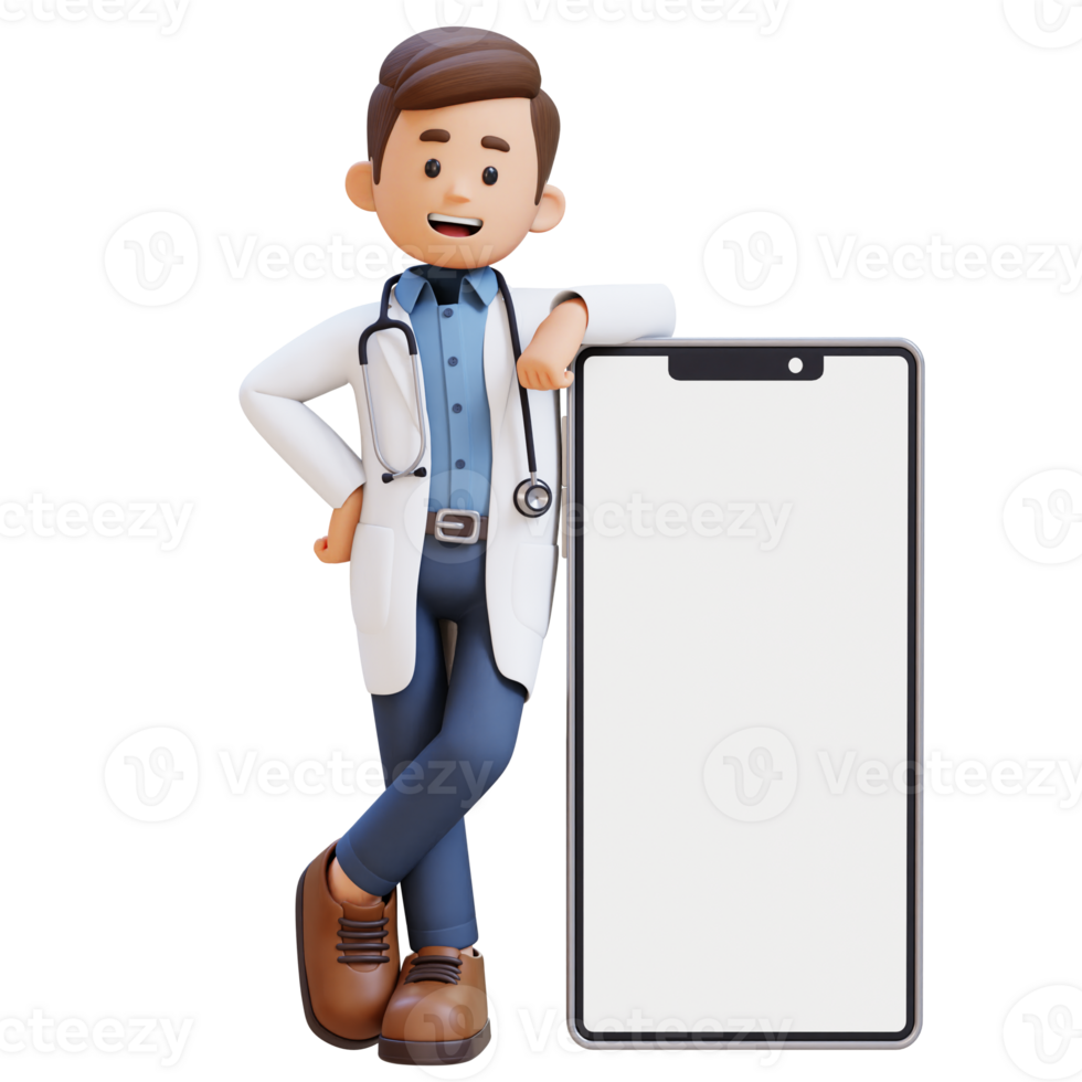 3D Doctor Character Lying on Large Empty Phone Screen. Suitable for Medical content png