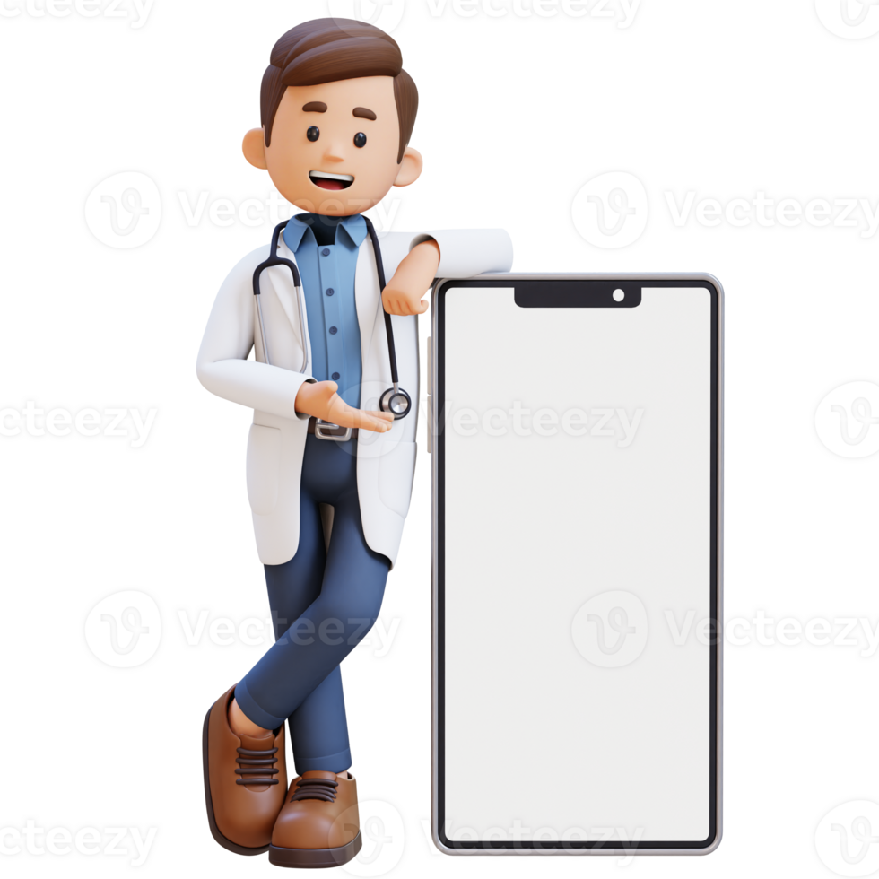 3D Doctor Character Presenting and Lying on Big Empty Phone Screen. Suitable for Medical content png