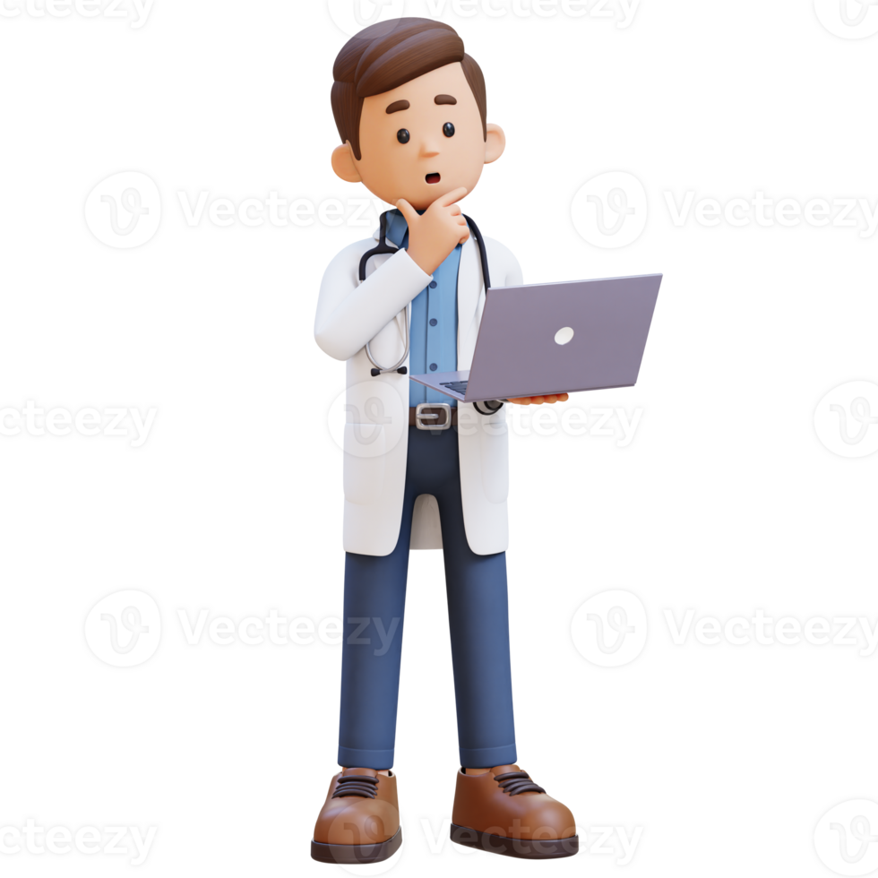 3D Doctor Character Thinking While Working on a Laptop. Suitable for Medical content png
