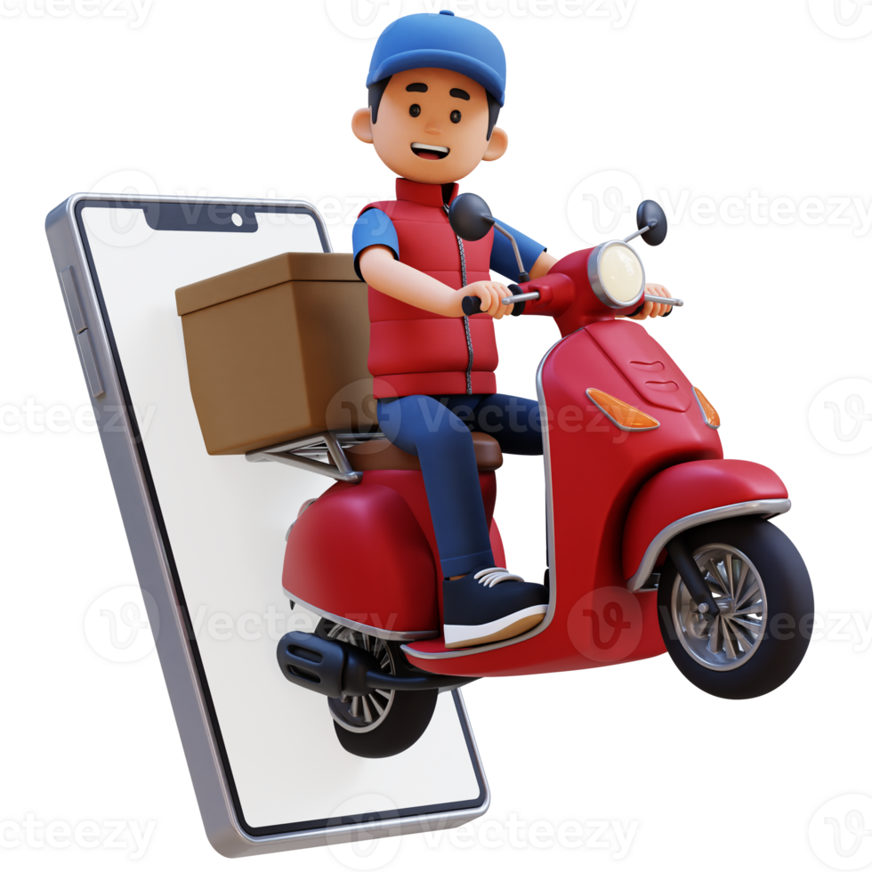 3D Delivery Man Character Deivering Package with a Scooter png
