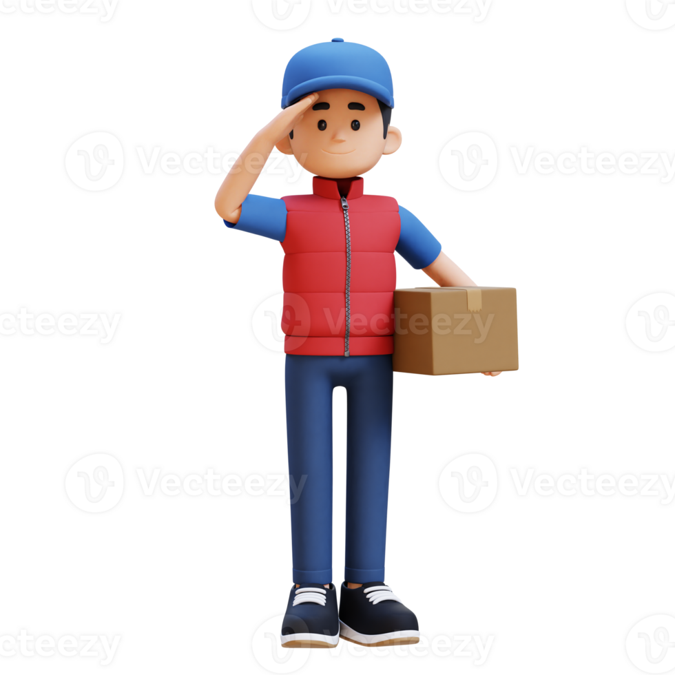 3D Delivery Man Character Salute Pose with Parcel Box png