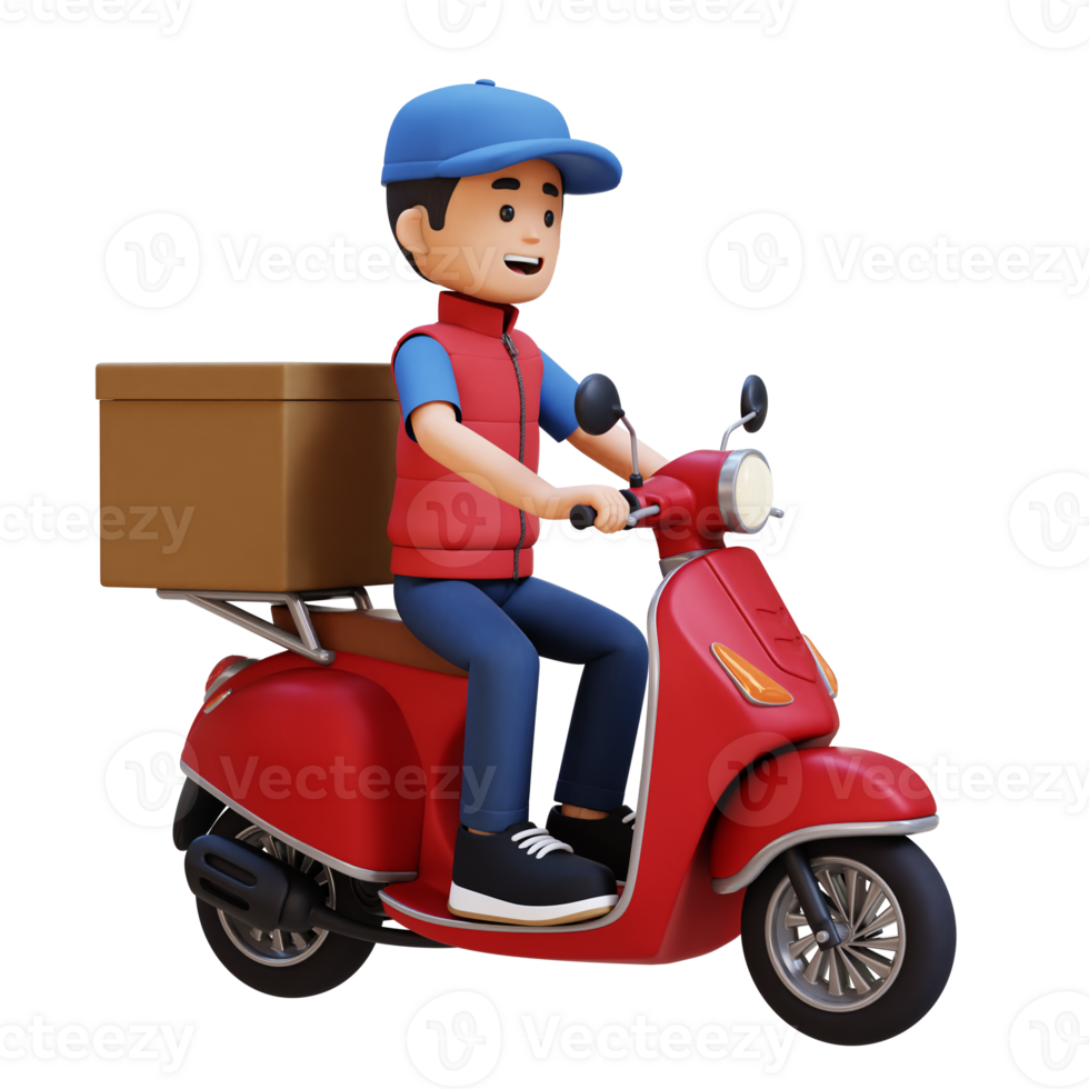 3d entrega hombre personaje entregando paquete con un scooter png