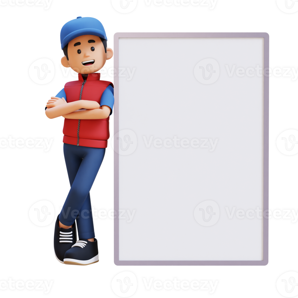 3D Delivery Man Character Lying on Blank Placard in Crossed Arm Pose png