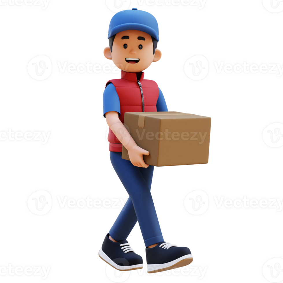 3D Delivery Man Character Walking and Carrying Parcel Box png