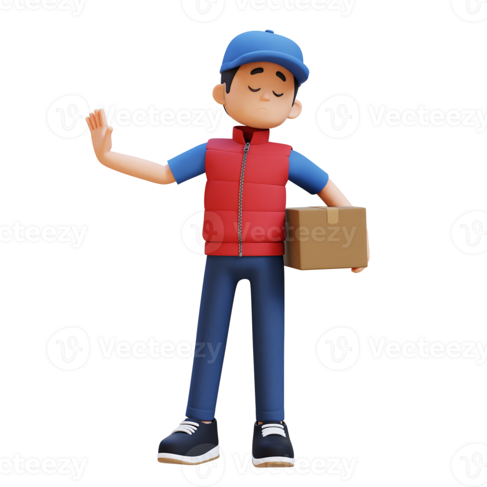 3D Delivery Man Character in Stop Refusal Pose with Parcel Box png