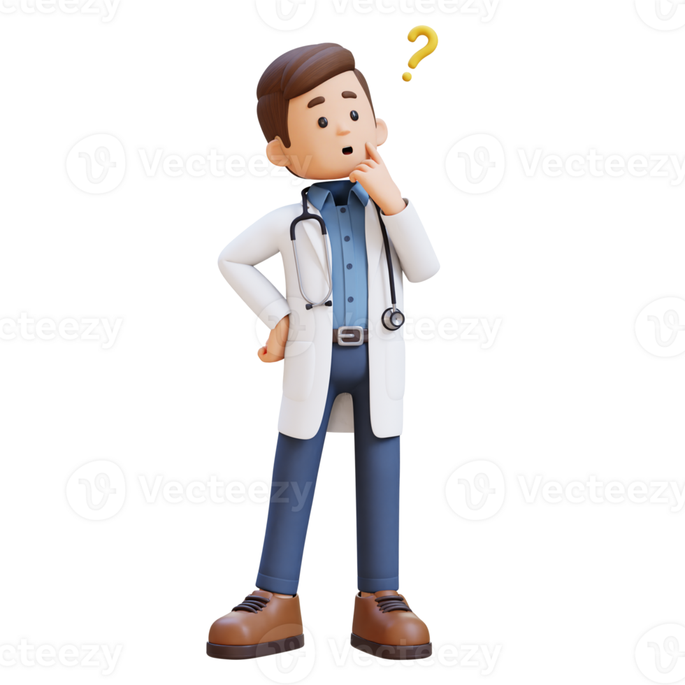 3D Doctor Character Confused and Thinking Pose. Suitable for Medical content png