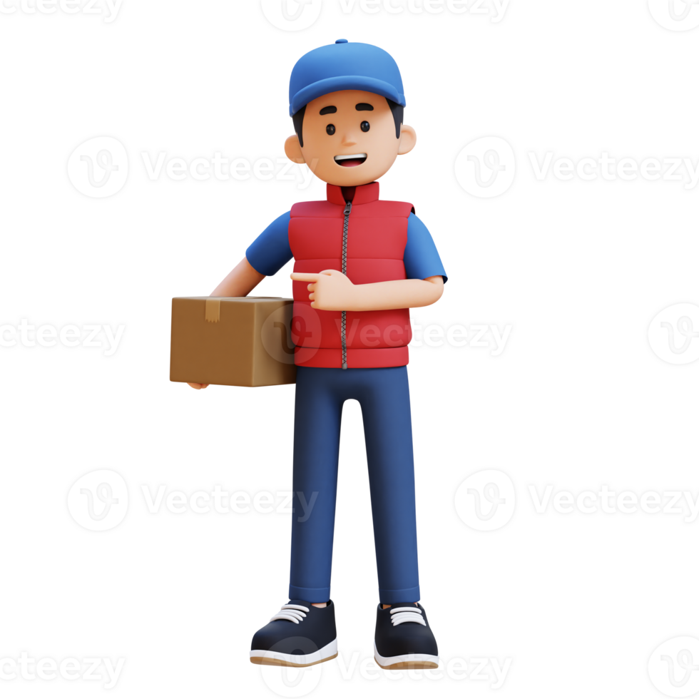 3D Delivery Man Character Pointing to the Right Pose with Parcel Box png