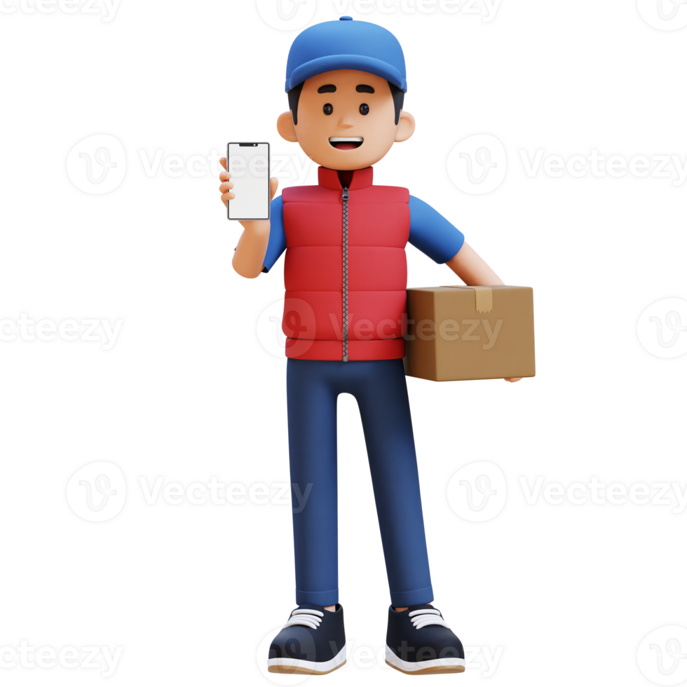 3D Delivery Man Character presenting Empty Phone Screen and Carrying Parcel Box png