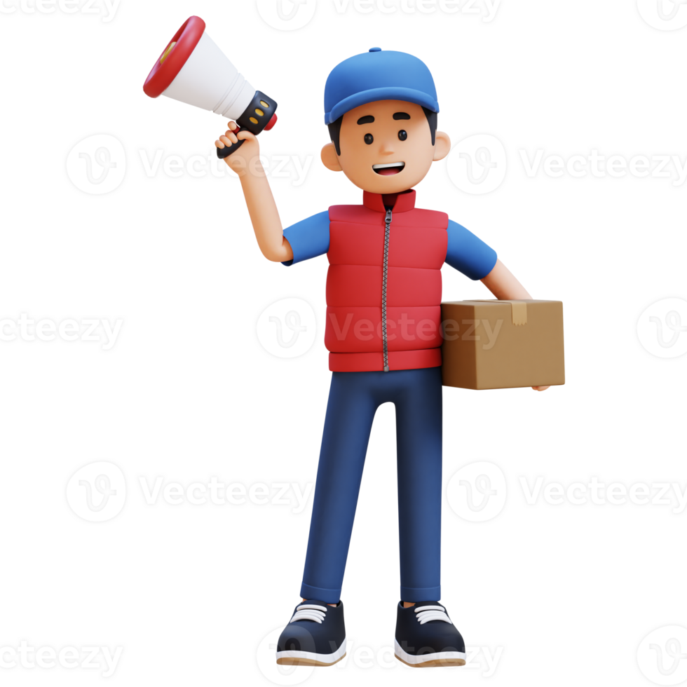 3D Delivery Man Character Holding Megaphone with Parcel Box png