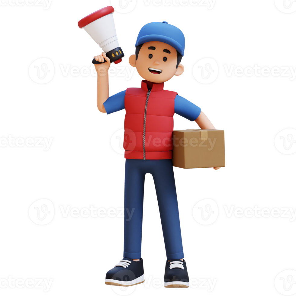 3D Delivery Man Character Holding Megaphone with Parcel Box png