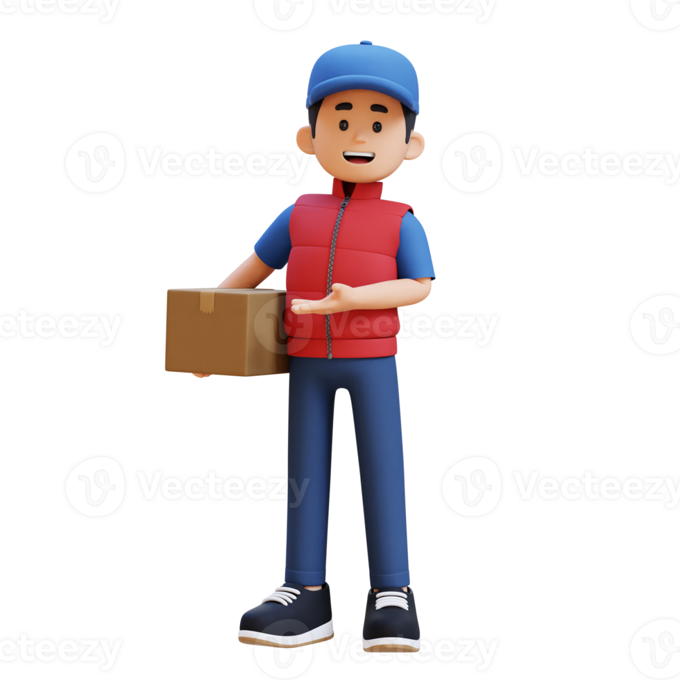 3D Delivery Man Character Presenting to the Right Pose with Parcel Box png
