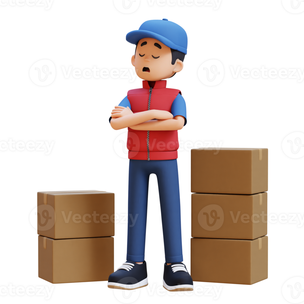3D Delivery Man Character in Denial or Dissatisfaction Pose with Parcel Box png